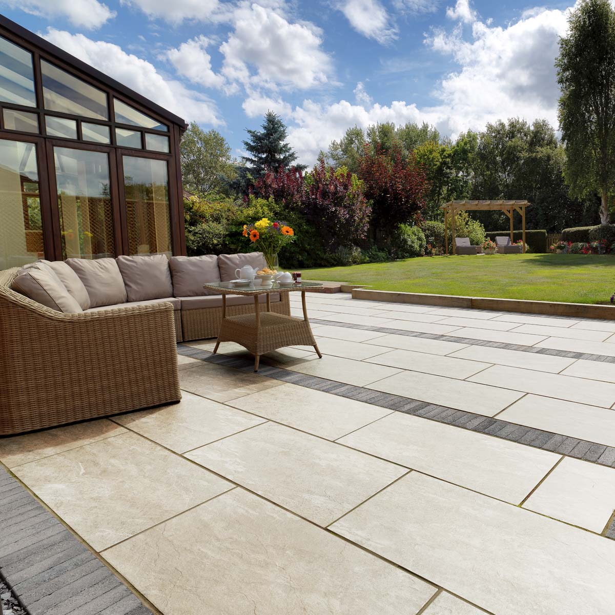 Pavestone Dolomite Porcelain Paving in Travertine | Paving Direct